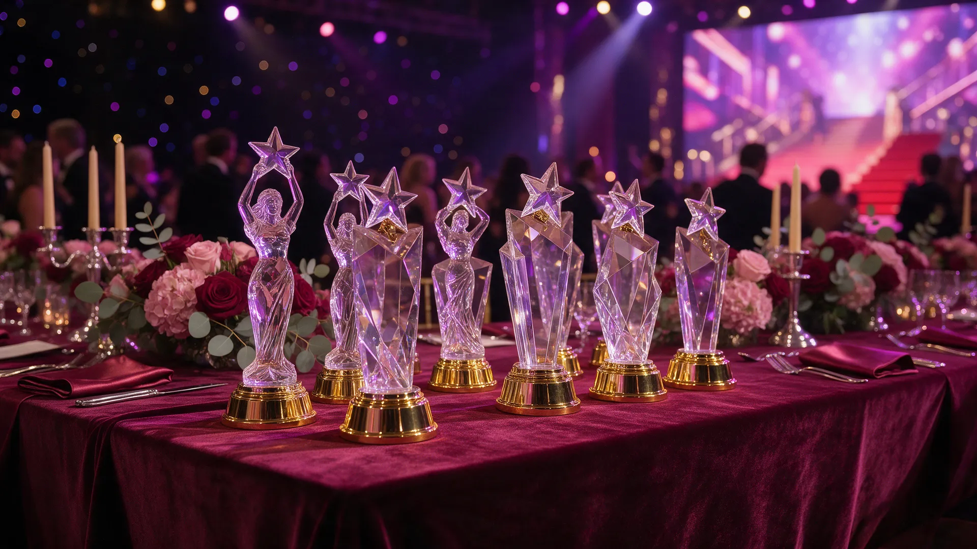 Crystal award statuettes on the gala table