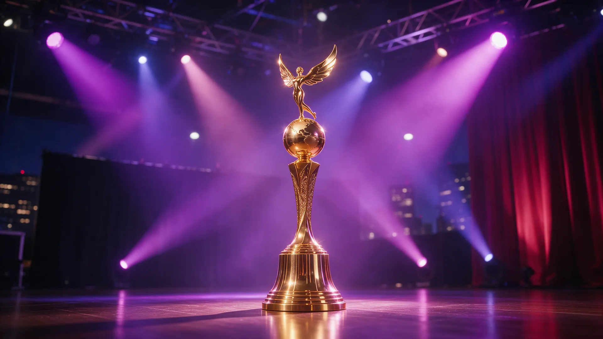 Golden award trophy under stage spotlights