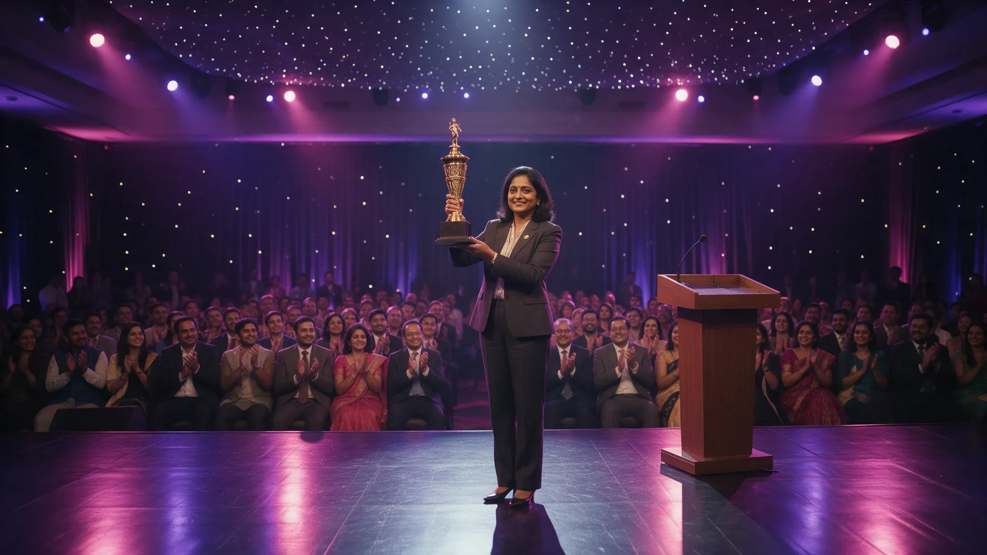 Woman GCC leader raising a trophy on stage